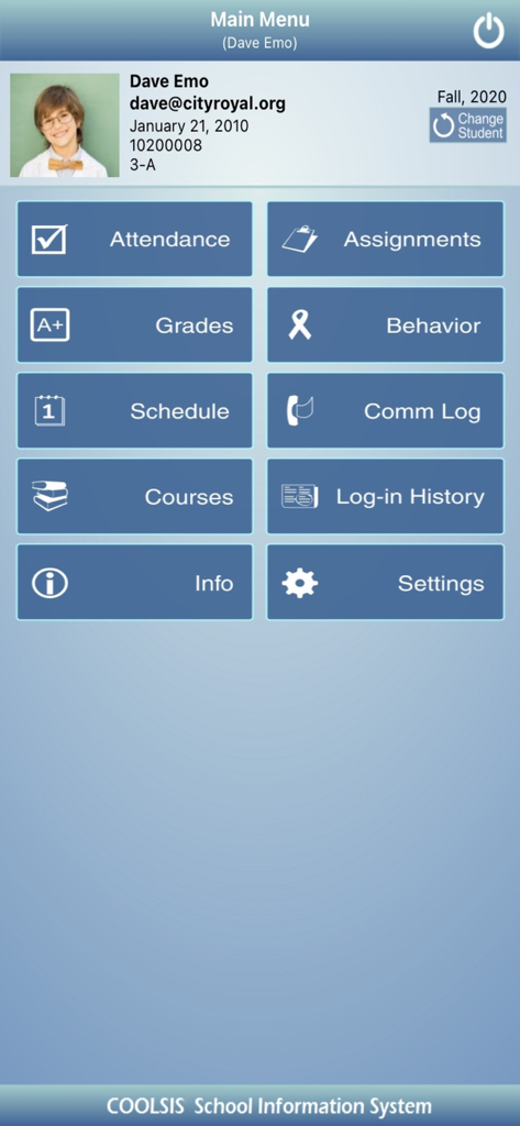 COOLSIS Family Access - The main menu of the COOLSIS Family Access app showing student information and navigation tiles for attendance grades and assignments