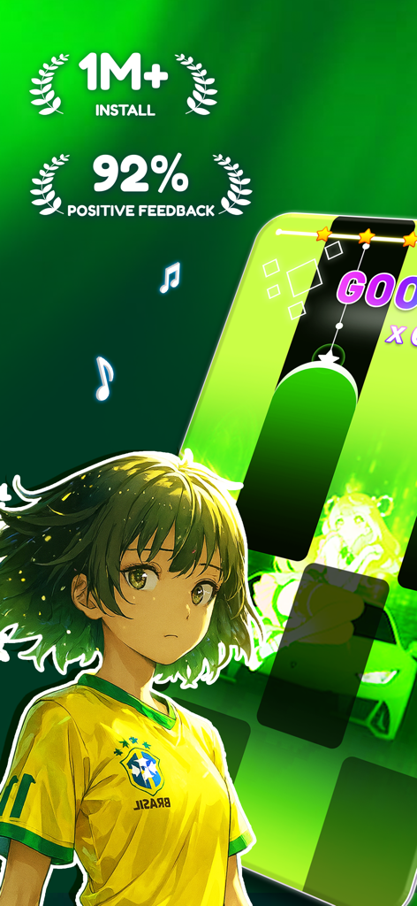 Magic Level 9: Tap Piano Game - マジックレベル9ピアノゲームのインターフェース。アニメキャラクターと肯定的なフィードバック統計が表示されています。