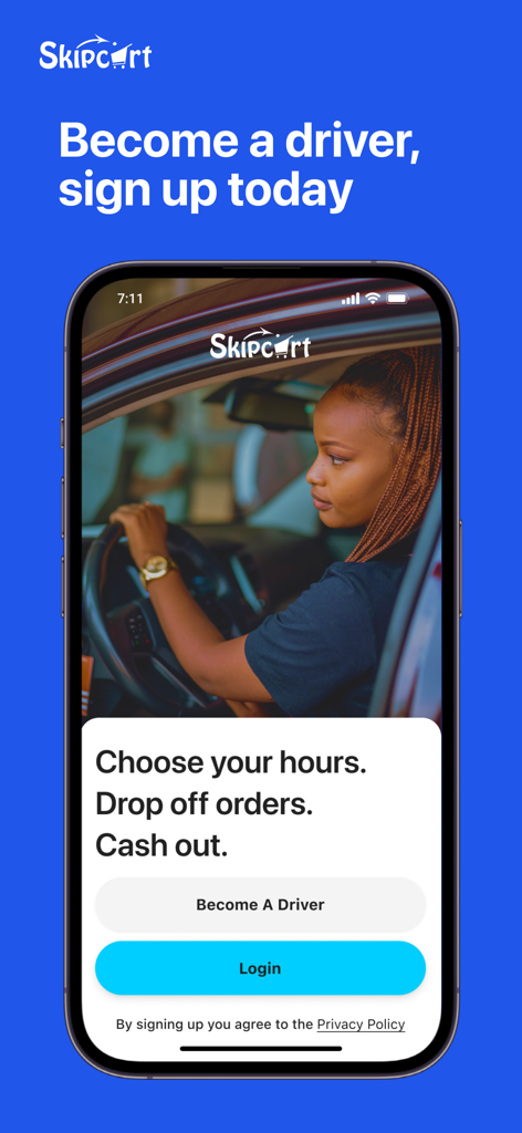 Skipcart Delivery Driver - Pantalla de registro de la aplicación de conductor de entregas Skipcart con un conductor y opciones de trabajo flexibles