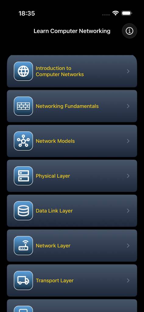 Learn Computer Networking - Course syllabus in the Learn Computer Networking app showing fundamental networking topics including physical and network layers