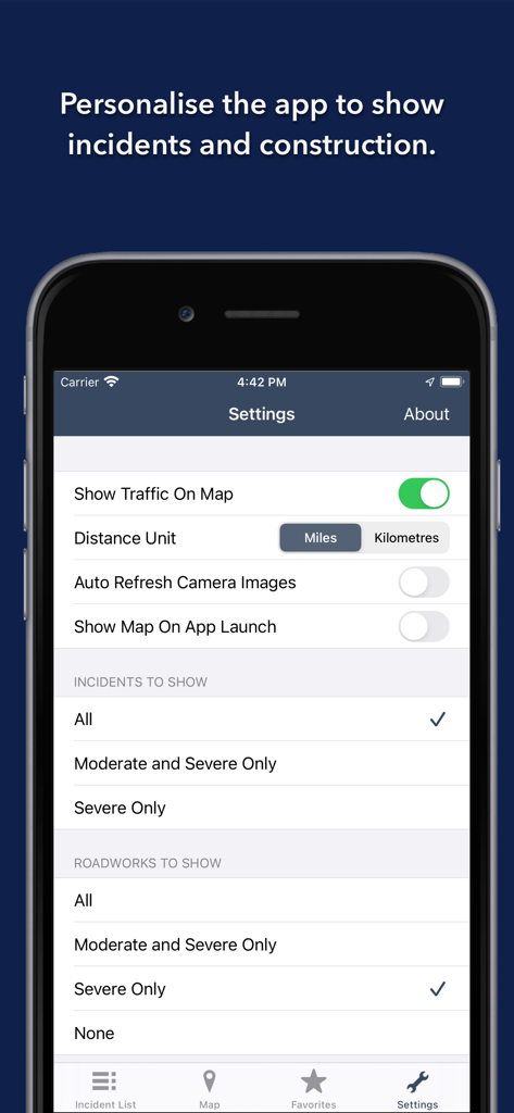 Settings screen in North Carolina Roads Traffic app for personalizing traffic incident and roadwork filters