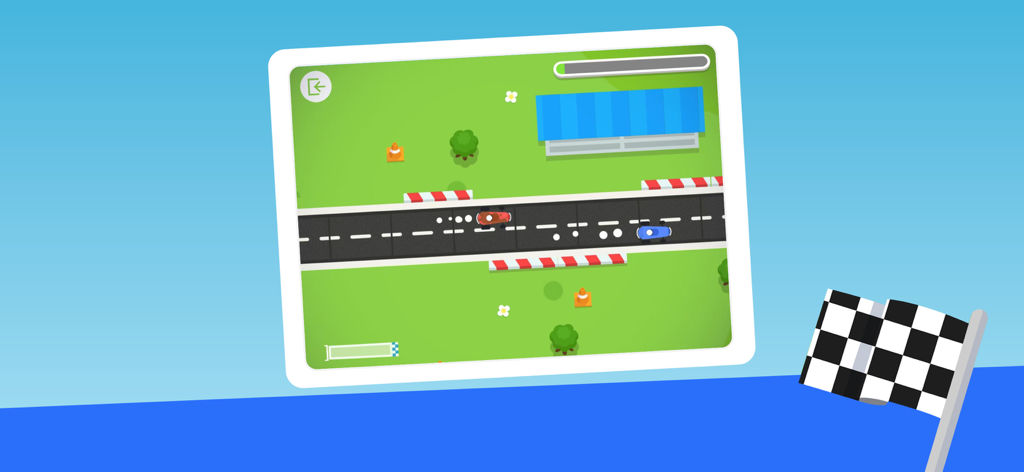 Vista desde arriba de una pista de coches de carreras en la aplicación educativa Code Karts