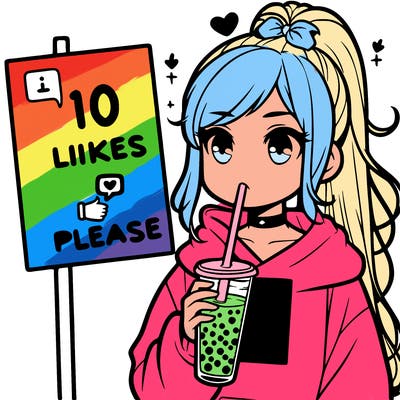 girl with a high ponytail and a hoodie drinking boba staring at a sign saying 10 likes please
