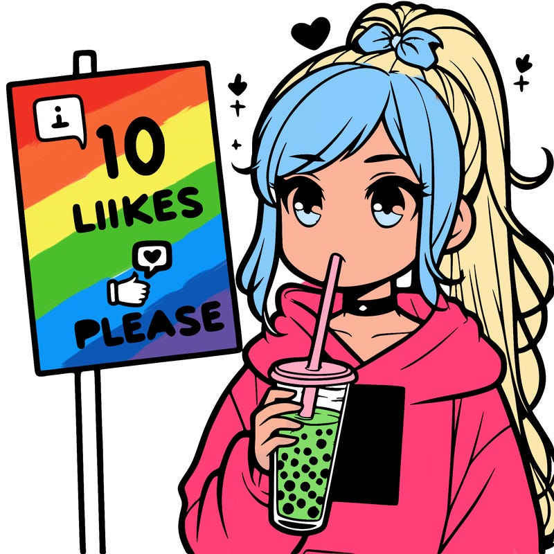 girl with a high ponytail and a hoodie drinking boba staring at a sign saying 10 likes please