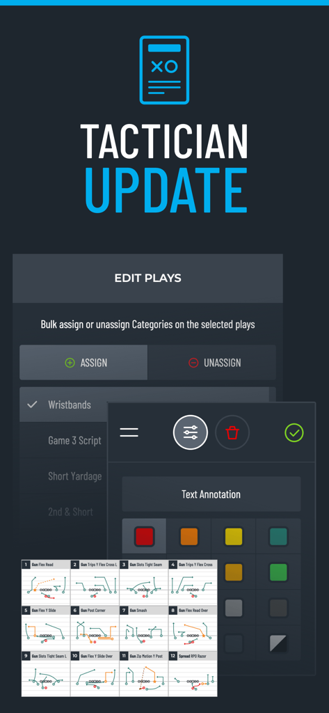 Tackle Football Playmaker X - Interface of the Tackle Football Playmaker X app showing the tactician update for editing and organizing football plays.