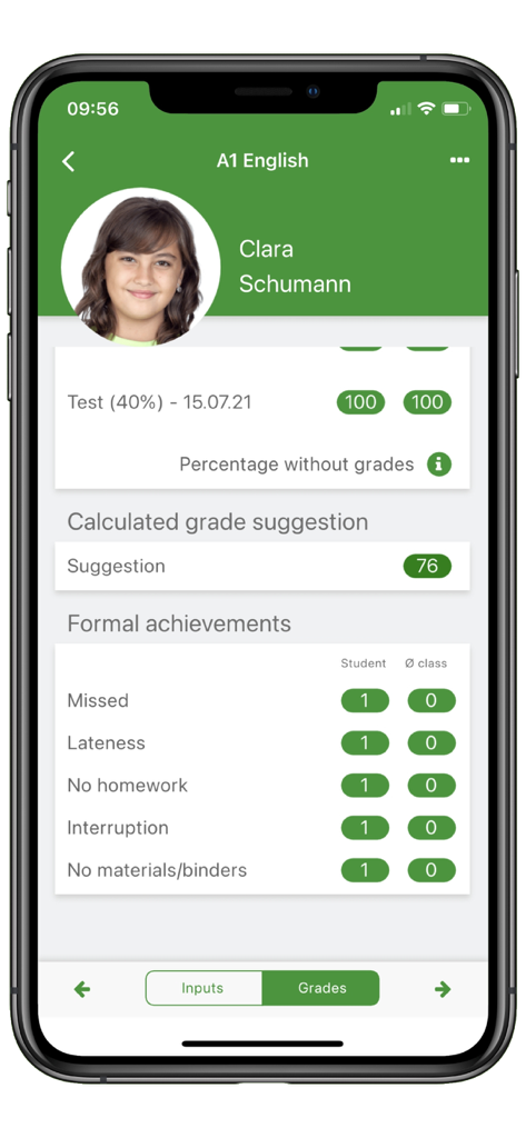 FlixGRADE  - a teacher planner - Interface do aplicativo FlixGRADE para professores mostrando as notas e registros de frequência de um aluno.