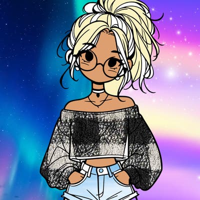 girl with a messy ponytail glasses a baggy crop top and jean shorts