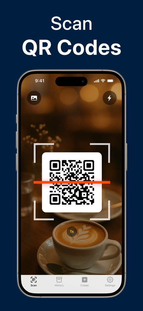 QR Code Reader；Barcode Scanner - Pantalla de iPhone que muestra la aplicación QR Mate escaneando un código QR en un entorno de restaurante.