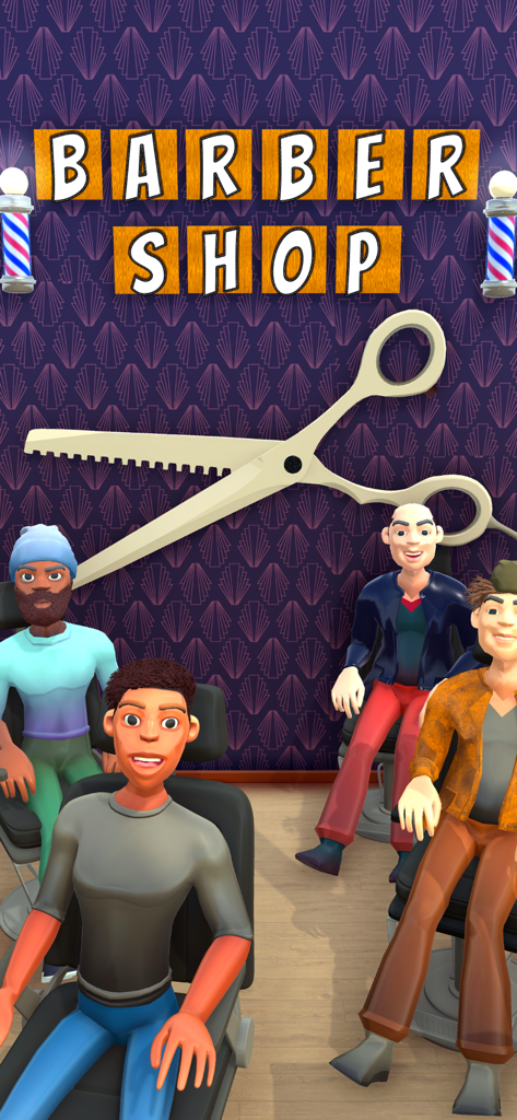 Fade Master 3D: Barber Shop - Cuatro personajes masculinos diversos sentados en sillas de barbero con unas tijeras grandes al fondo bajo el título Barber Shop