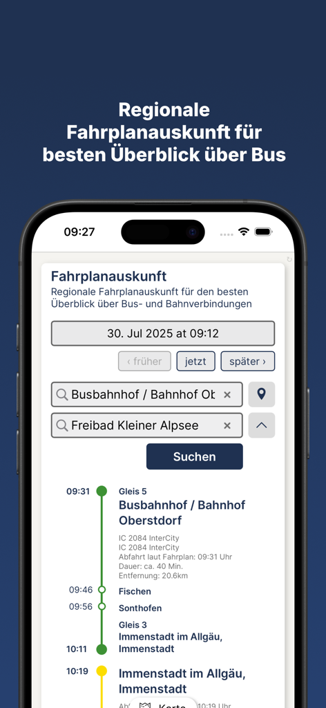 Fahrplaninformationen für Bus und Bahn in der Allgäu Walser Pass Reise-App