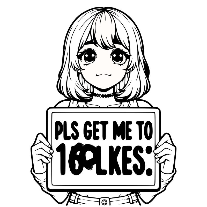 realistic girl holding up a sign that says “pls get me to 15 likes!”