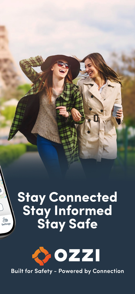 OZZI - Global Personal Safety - Zwei Frauen reisen zusammen mit OZZI App-Branding und Sicherheits-Slogan