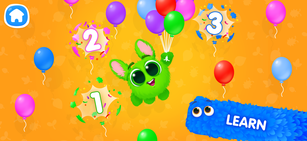 Green fluffy character holding colorful balloons with numbers 1, 2, and 3 in a preschool learning game