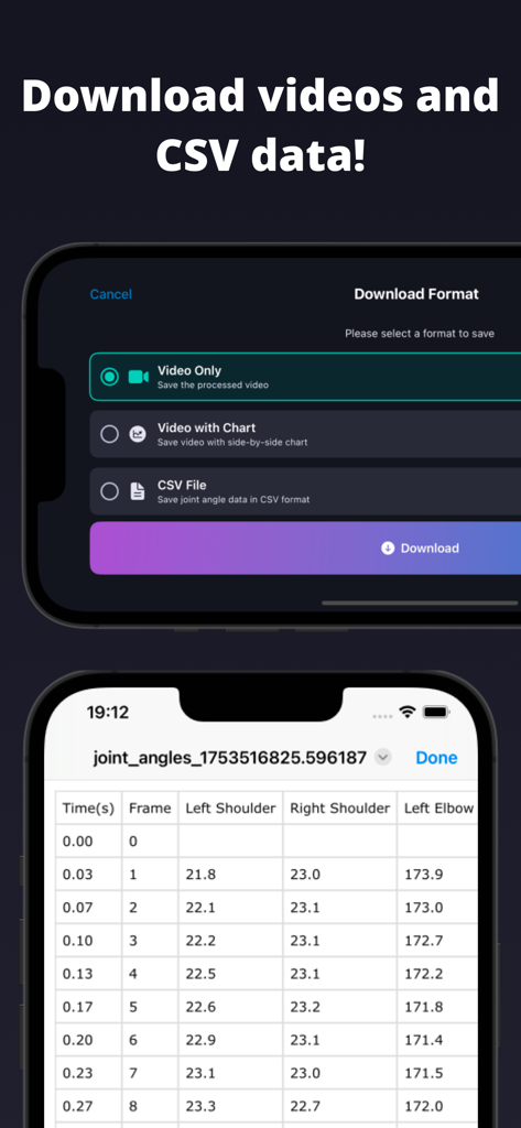 Pose & Angle - Pose and Angle app screen showing options to download processed videos and CSV joint angle data