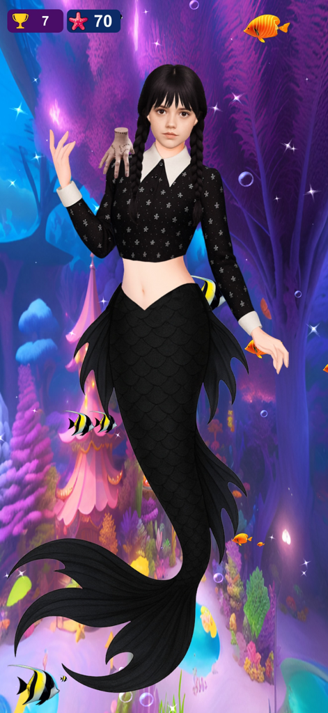 Mermaid Dress Up Game - A mermaid character inspired by Wednesday Addams with a black tail and pigtails in an underwater setting