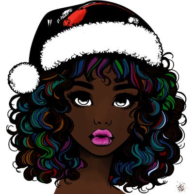 realistic girl with a santa hat curly hair and lips