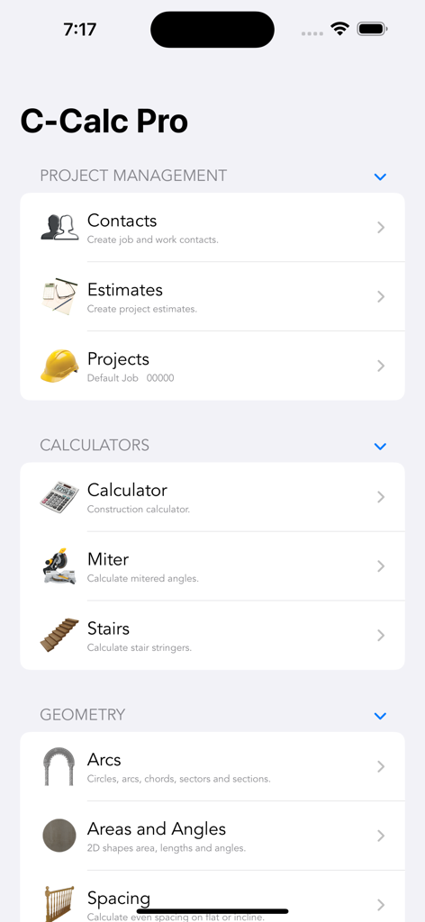 Construction Calc Pro 2 - The home screen of the C-Calc Pro app featuring modules for project management, various construction calculators, and geometry tools.