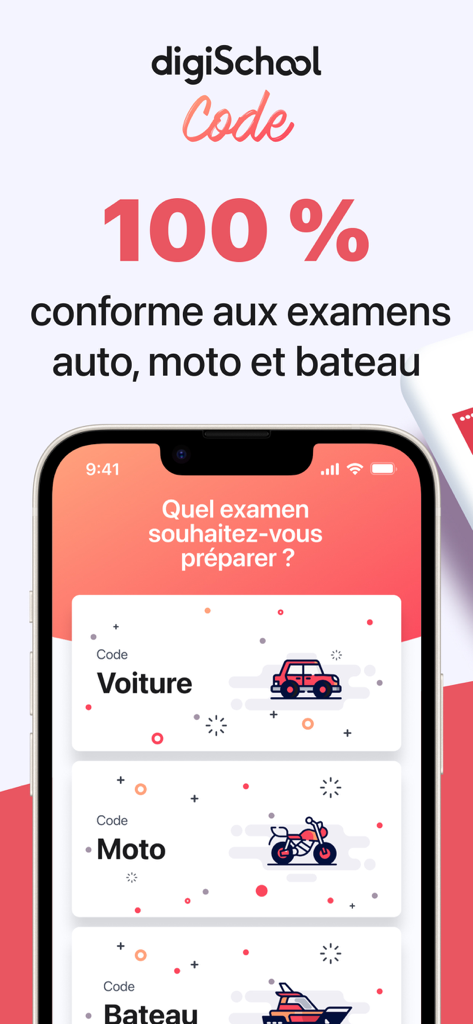 The digiSchool Code app interface showing options to select car motorcycle or boat exam preparation