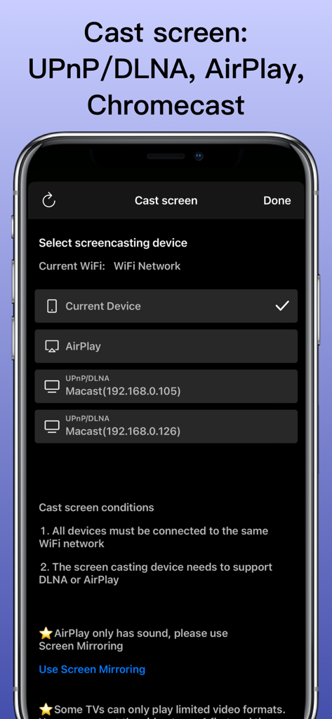 Fast Player app interface showing screen casting options for AirPlay Chromecast and DLNA