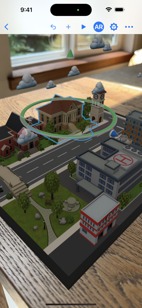 Reality Composer - Cena de cidade 3D em miniatura projetada em realidade aumentada usando Reality Composer.