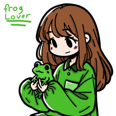 girl with long hair and a oversized shirt. and she is holding a frog