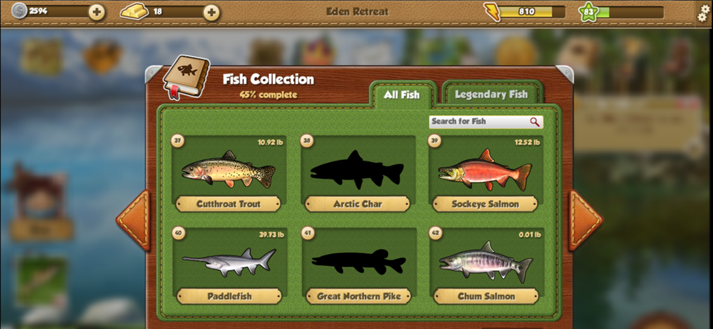 Fishing World - Una pantalla que muestra la colección de peces en la aplicación Fishing World, incluyendo truchas, salmones y siluetas de especies no capturadas.