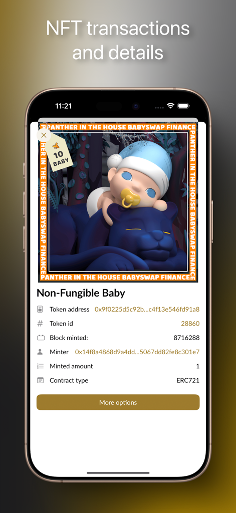Mobile app screen showing NFT transaction details and image on Binance Smart Chain Explorer.