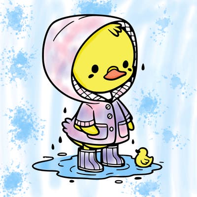 baby duck in a rain coat and boots, in a puddle while it’s raining