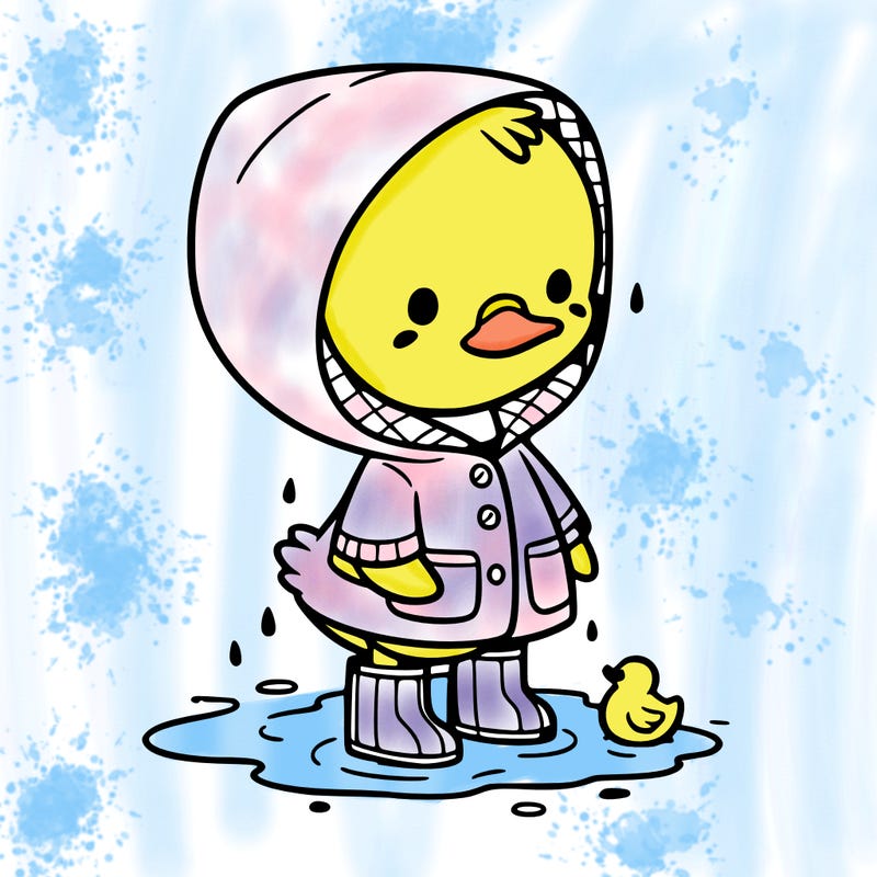 baby duck in a rain coat and boots, in a puddle while it’s raining