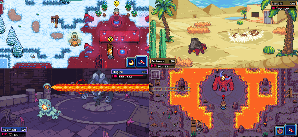 Collage of four Coromon gameplay screens showing diverse environments and tactical monster battles in a pixel art style.