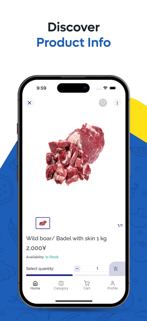 Captura de pantalla de la aplicación Mini Nepal Shopping mostrando información del producto de 1 kg de carne de jabalí con precio y selección de cantidad.