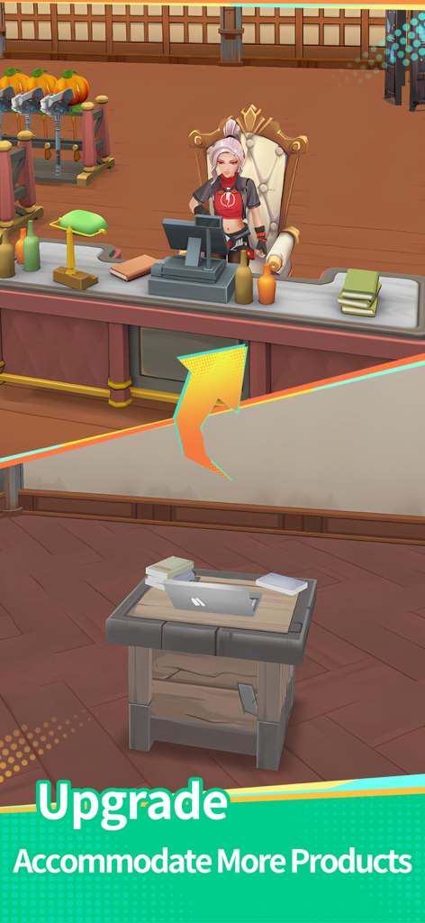 My Forge Shop: Sim Supermarket - マイ・フォージ・ショップのシミュレーションで、より多くの製品に対応するためにショップカウンターをアップグレードする様子。