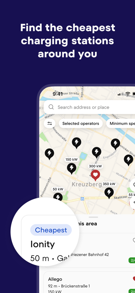 Plugsurfing app interface showing a map of electric vehicle charging stations with a highlight on finding the cheapest options