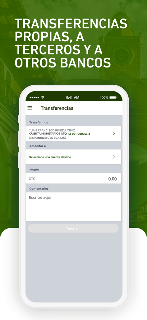 Banco INV APP - 계좌 간 자금 이동을 위한 송금 화면을 표시하는 Banco INV 앱의 모바일 인터페이스