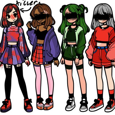 one girl with crop-top shirt and a jacket with a skirt, long socks and another girl with a shirt and pants with a jacket