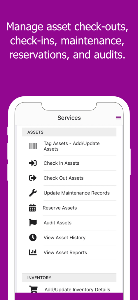 Asset & Inventory Tracker - Mobile Ansicht des Ventipix Asset and Inventory Tracker Menüs mit Optionen zum Ein- und Auschecken von Assets und Wartungsaufzeichnungen.