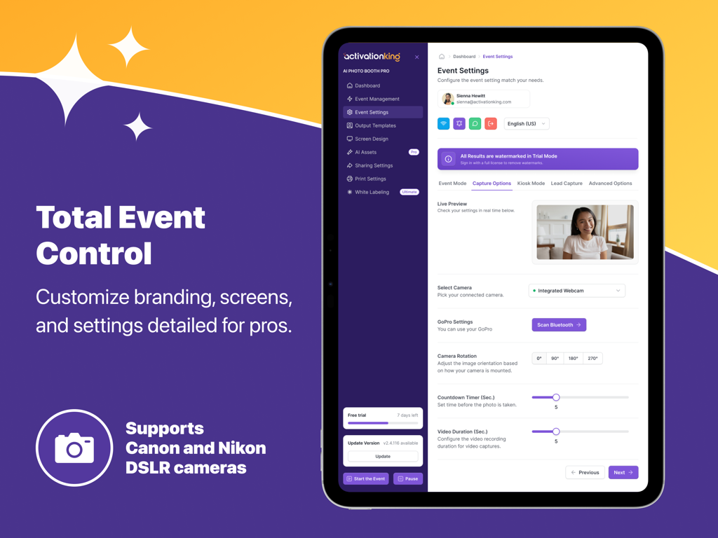 AI Photo Booth Pro: Event App - iPad screen displaying the AI Photo Booth Pro event settings and camera configuration interface.