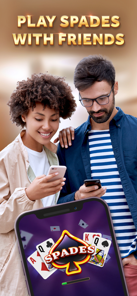 Two people smiling while playing Spades Online card game on their mobile phones.