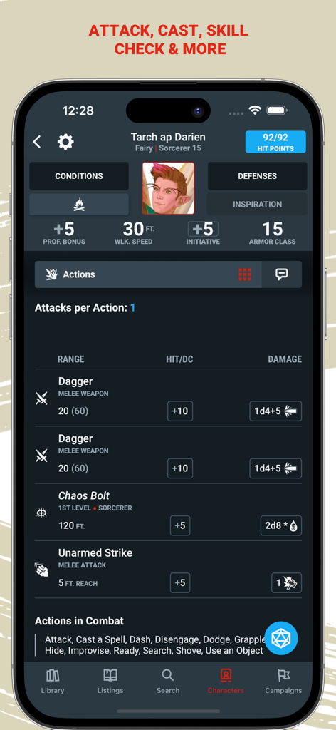 D&D Beyond mobile app interface showing a character sheet with combat actions and spells