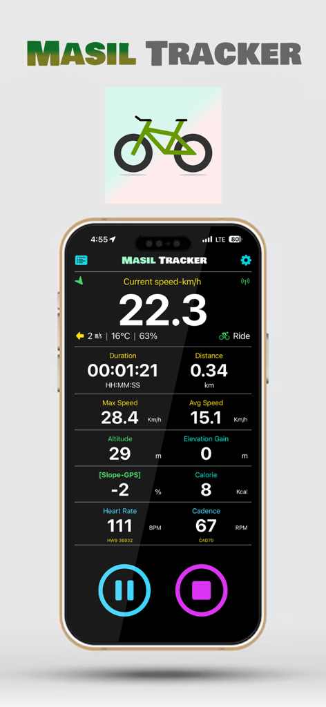 Masil Tracker - Painel do aplicativo Masil Tracker mostrando métricas de ciclismo em tempo real, incluindo velocidade, distância, frequência cardíaca e cadência.
