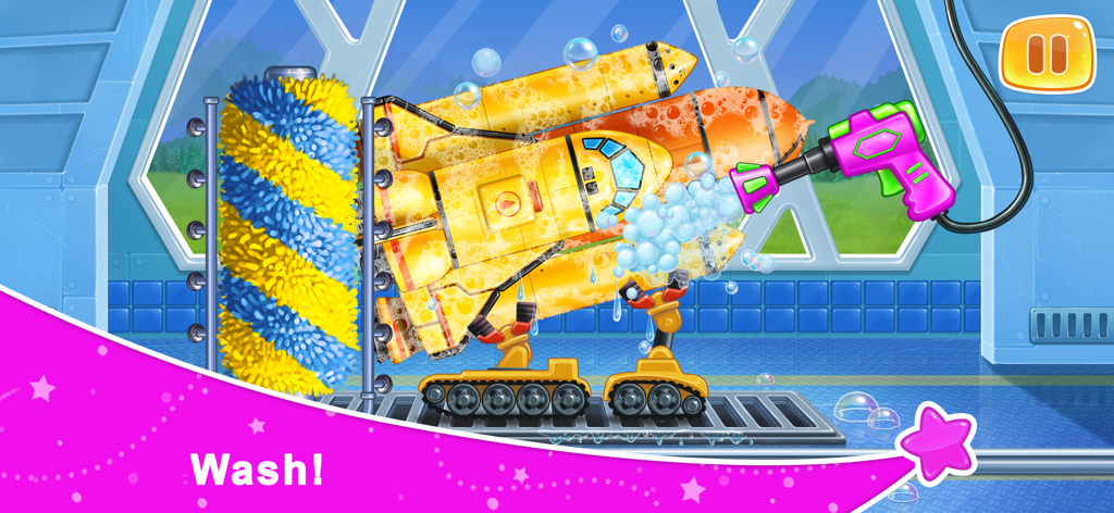 Un transbordador espacial de juguete siendo lavado con burbujas de jabón y una pistola de agua en una estación de mantenimiento