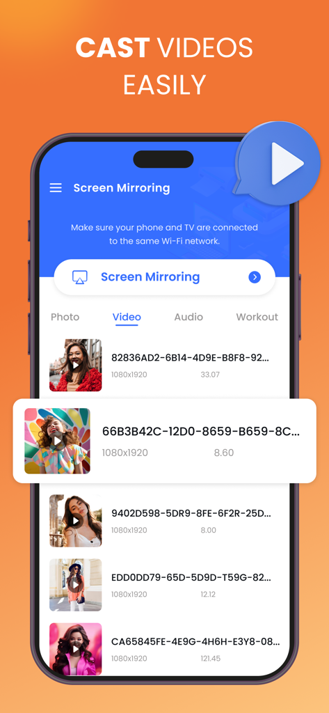 Screen Mirroring app interface showing a list of videos ready to be cast from a smartphone to a Smart TV.