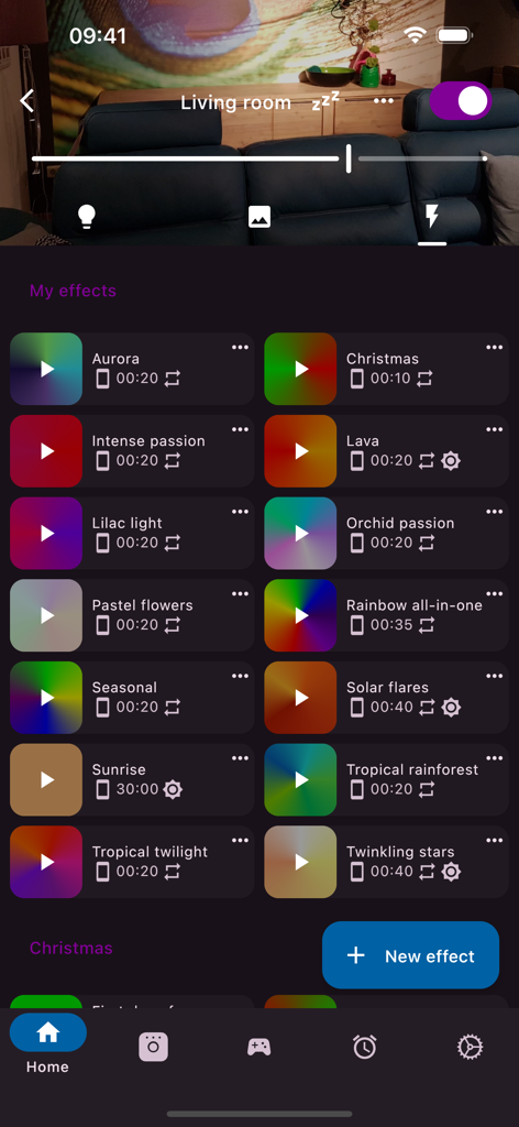 Hue Essentials - Hue Essentials app interface showing a list of smart lighting effects and scenes
