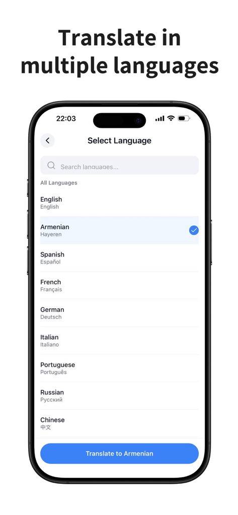 Interface of the Speako AI app showing a menu to select translation languages including English, Armenian, Spanish, and French.