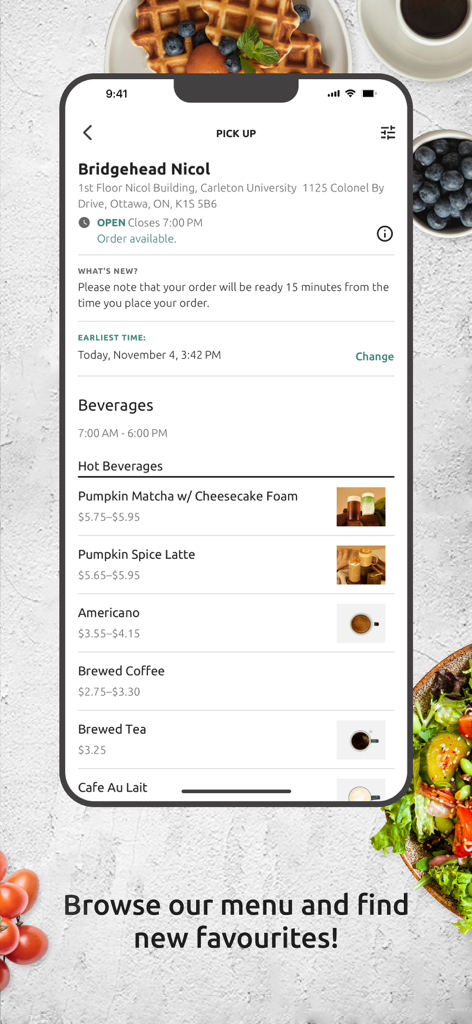Hey Chef - Hey Chef mobile app interface displaying a menu for hot beverages at an institutional dining location