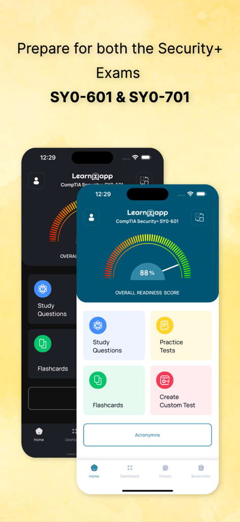 CompTIA Security+ by LearnZapp - CompTIA Security plus exam preparation app dashboard showing a readiness score and study modules