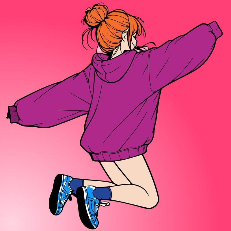 realistic girl jumping with a bun and oversized sweatshirt