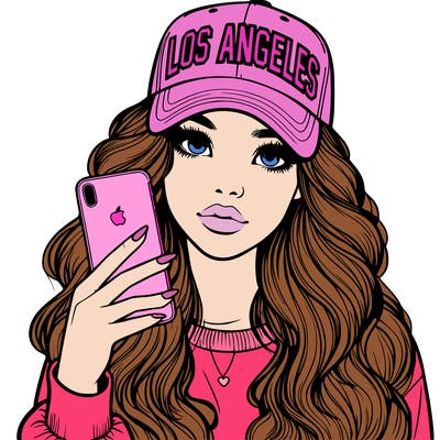 realistic beautiful girl wearing los ángeles cap holding an iphone