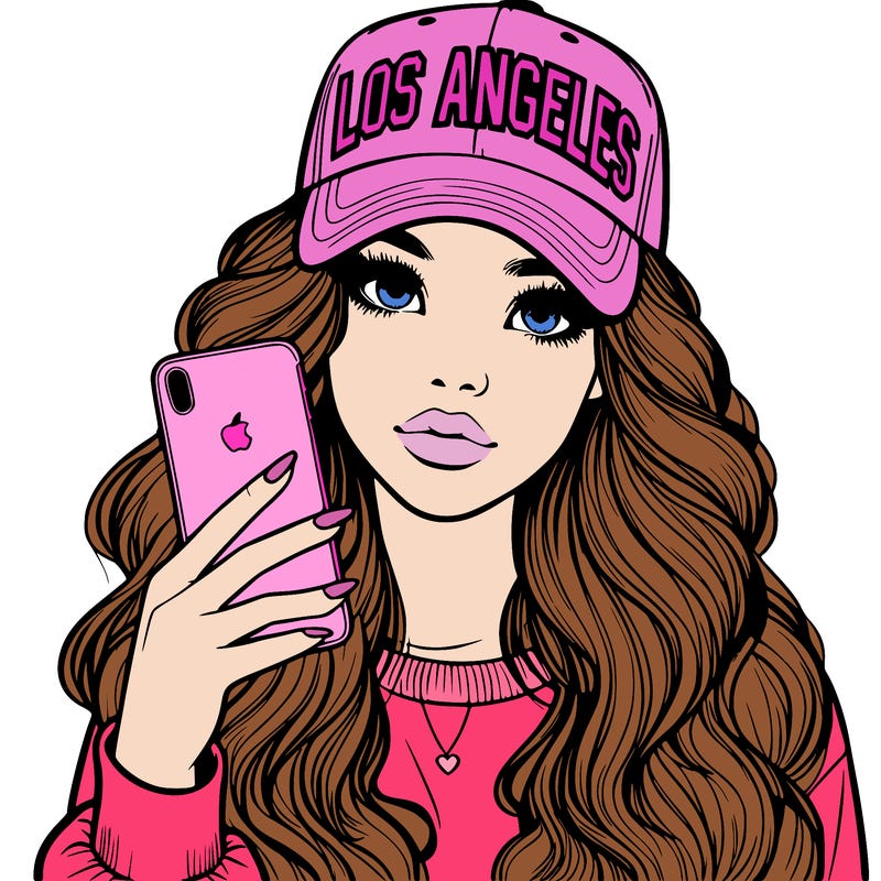 realistic beautiful girl wearing los ángeles cap holding an iphone