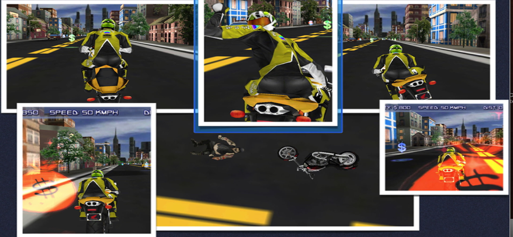 Extreme Biking 3D Racing Games - Collage of gameplay screenshots from the Extreme Biking 3D motorcycle racing game showing city tracks and a crash scene